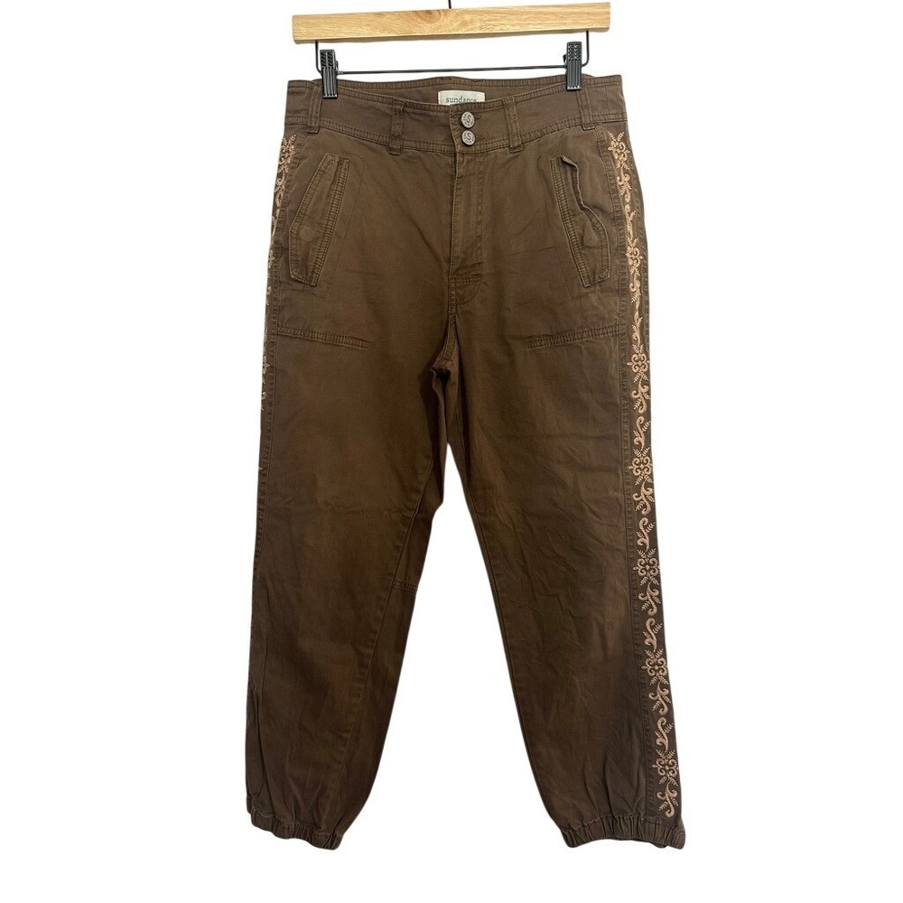 Sundance Brown Embroidered Cargo Jogger Pants W 10 Boho Utility Ankle Zip‎ AS IS